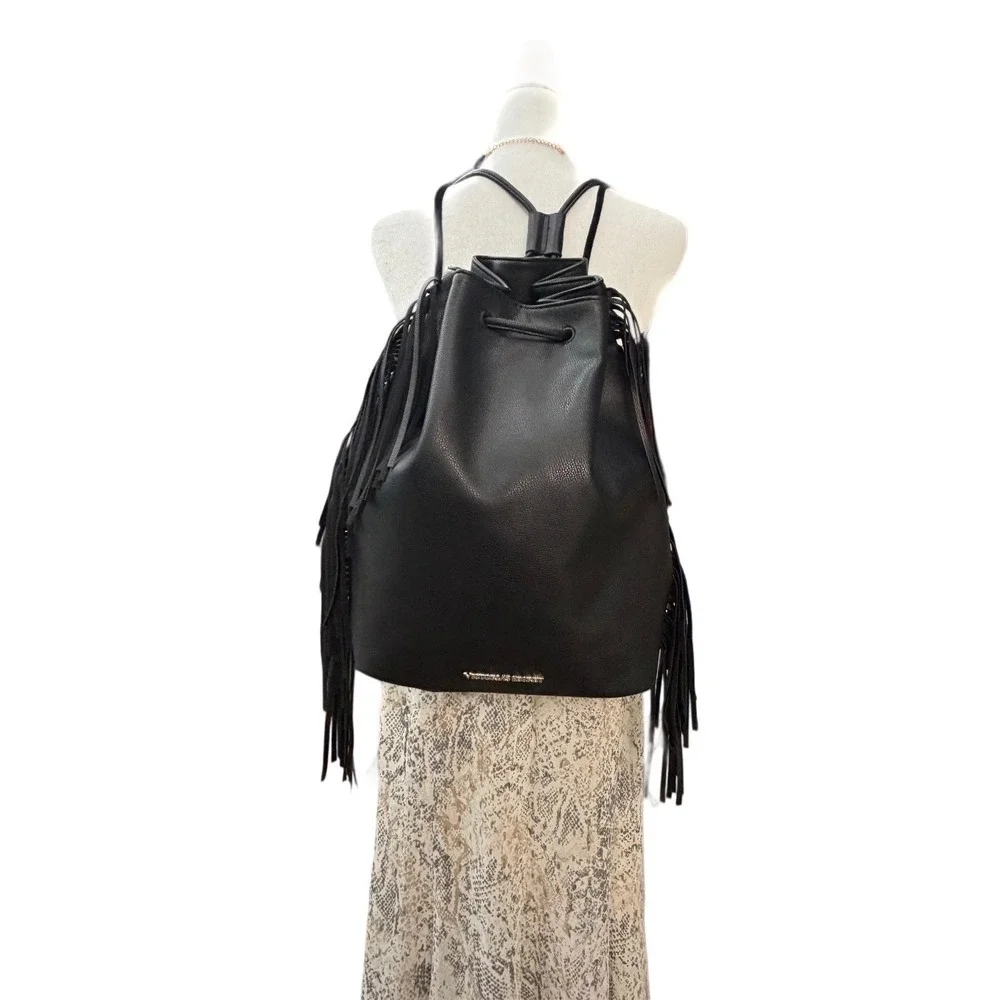 Victorias Secret Black Fringe Backpack Bucket Bag Faux Leather Drawstring Boho